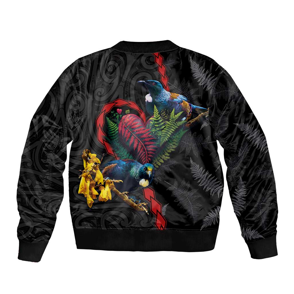 New Zealand Tui Birds Love Couple Sleeve Zip Bomber Jacket The Heart of Silver Fern Leaves and Maori Tattoo Pattern LT03 - Polynesian Pride