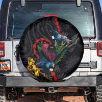 New Zealand Tui Birds Love Couple Spare Tire Cover The Heart of Silver Fern Leaves and Maori Tattoo Pattern