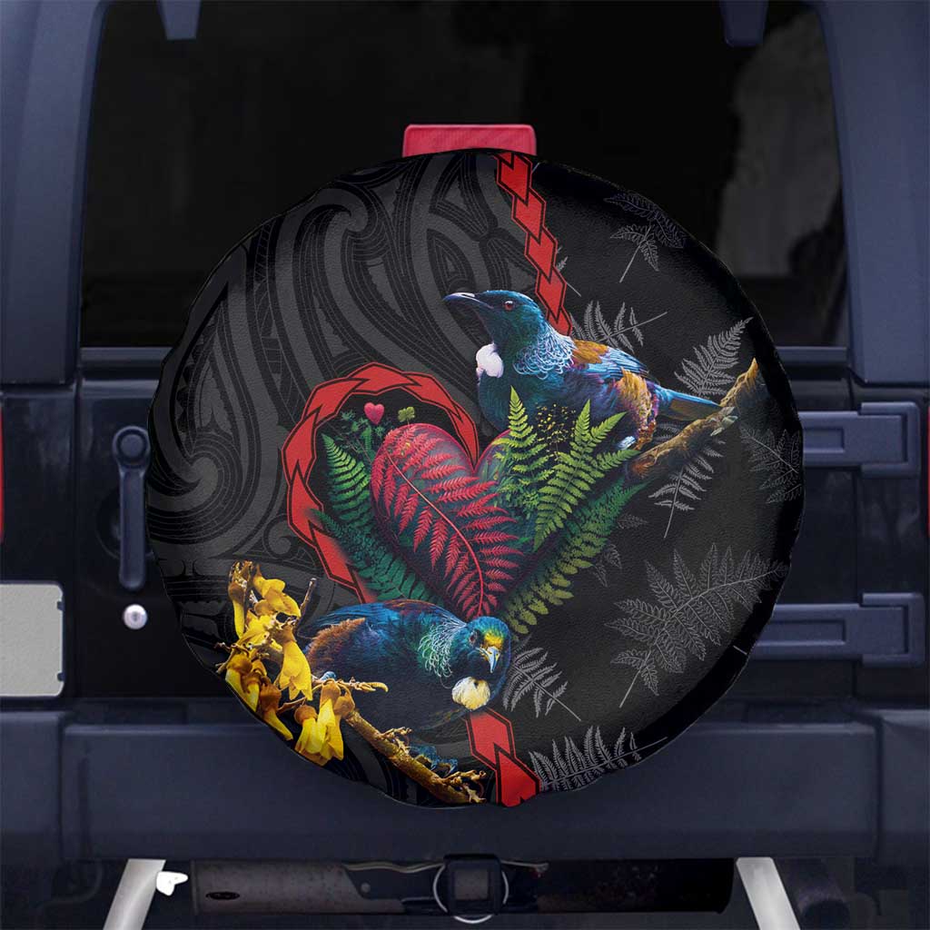 New Zealand Tui Birds Love Couple Spare Tire Cover The Heart of Silver Fern Leaves and Maori Tattoo Pattern