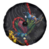 New Zealand Tui Birds Love Couple Spare Tire Cover The Heart of Silver Fern Leaves and Maori Tattoo Pattern