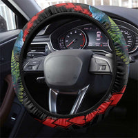 New Zealand Tui Birds Love Couple Steering Wheel Cover The Heart of Silver Fern Leaves and Maori Tattoo Pattern