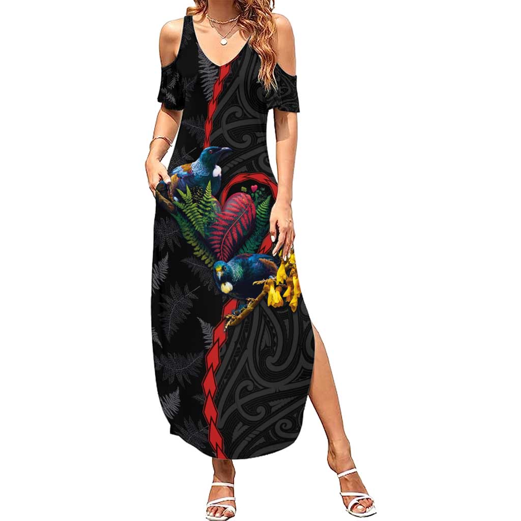 New Zealand Tui Birds Love Couple Summer Maxi Dress The Heart of Silver Fern Leaves and Maori Tattoo Pattern