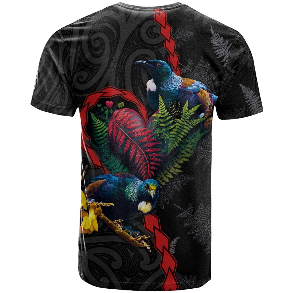 New Zealand Tui Birds Love Couple T Shirt The Heart of Silver Fern Leaves and Maori Tattoo Pattern