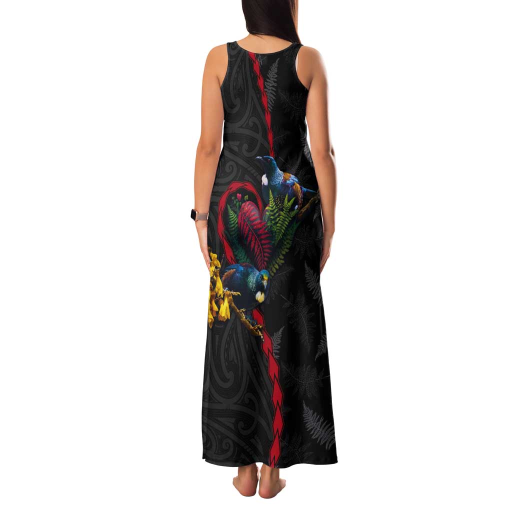 New Zealand Tui Birds Love Couple Tank Maxi Dress The Heart of Silver Fern Leaves and Maori Tattoo Pattern LT03 - Polynesian Pride