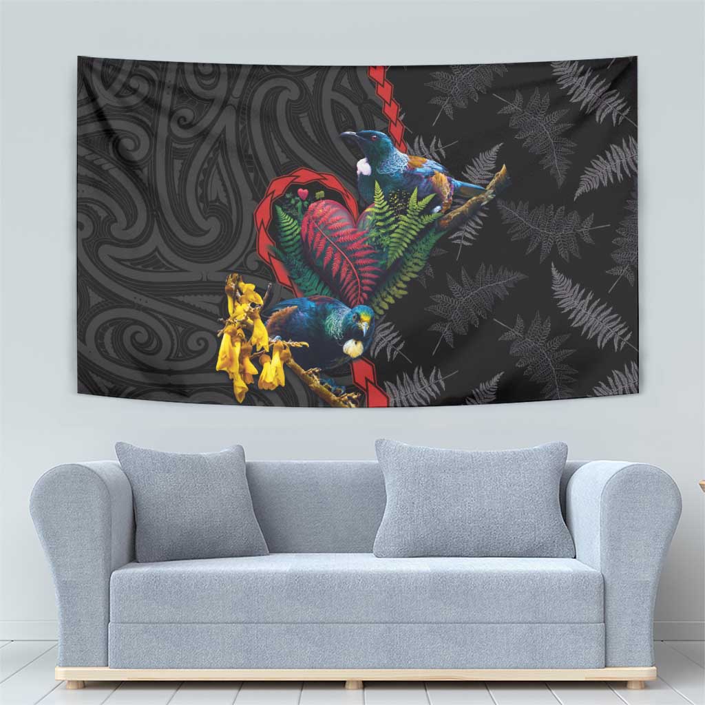 New Zealand Tui Birds Love Couple Tapestry The Heart of Silver Fern Leaves and Maori Tattoo Pattern