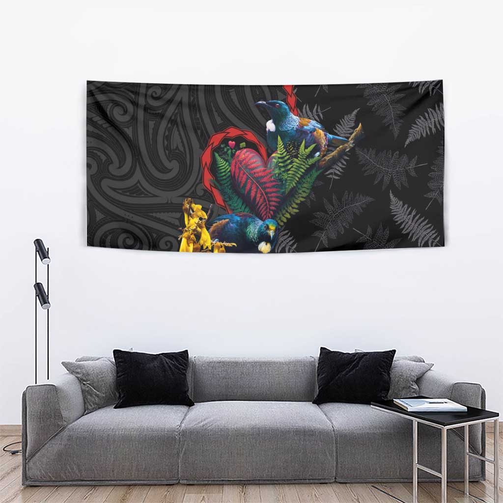 New Zealand Tui Birds Love Couple Tapestry The Heart of Silver Fern Leaves and Maori Tattoo Pattern