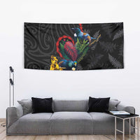 New Zealand Tui Birds Love Couple Tapestry The Heart of Silver Fern Leaves and Maori Tattoo Pattern