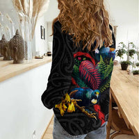 New Zealand Tui Birds Love Couple Women Casual Shirt The Heart of Silver Fern Leaves and Maori Tattoo Pattern