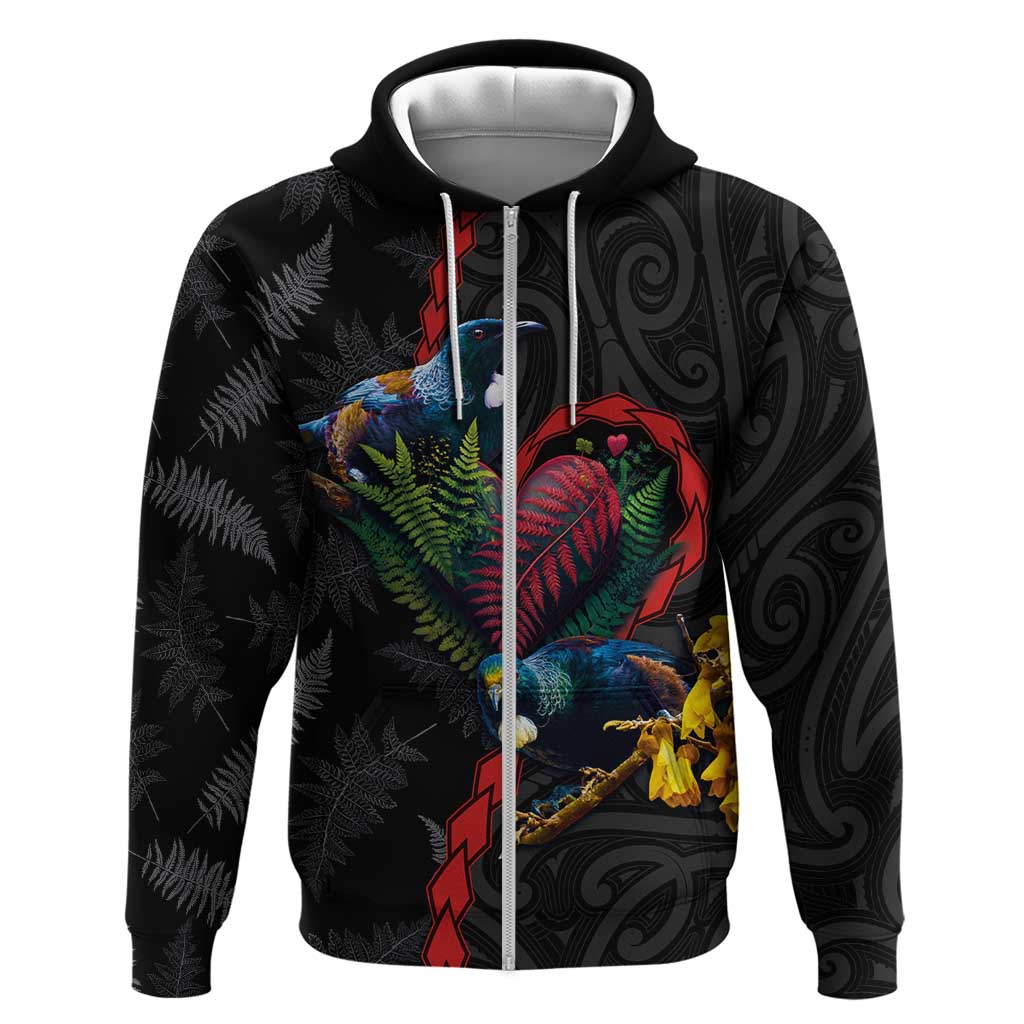 New Zealand Tui Birds Love Couple Zip Hoodie The Heart of Silver Fern Leaves and Maori Tattoo Pattern LT03 Zip Hoodie Black - Polynesian Pride