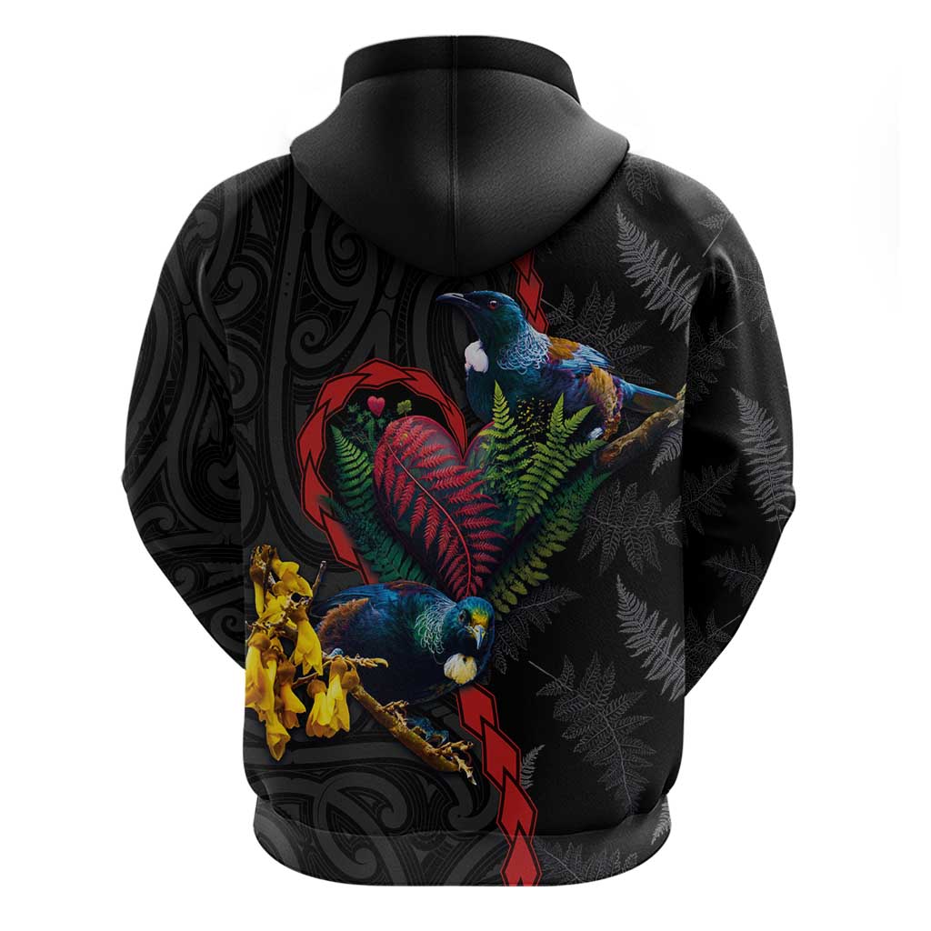 New Zealand Tui Birds Love Couple Zip Hoodie The Heart of Silver Fern Leaves and Maori Tattoo Pattern LT03 - Polynesian Pride