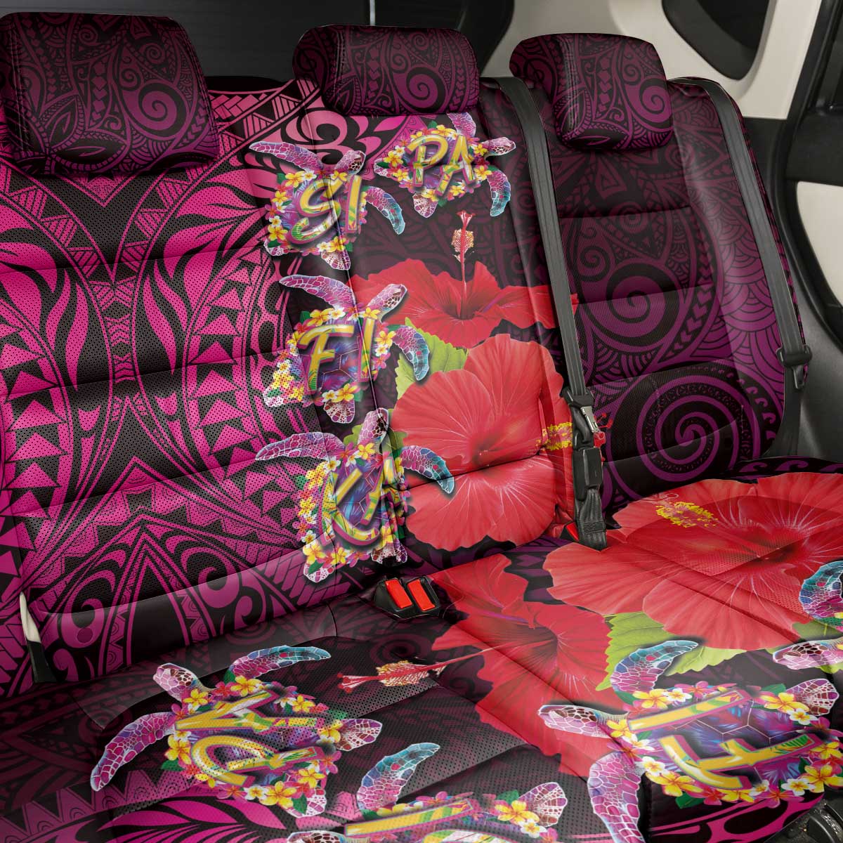 Pasifika Festival Back Car Seat Cover Plumeria Turtles with Hibiscus - Polynesian Art Tattoo Pink Color