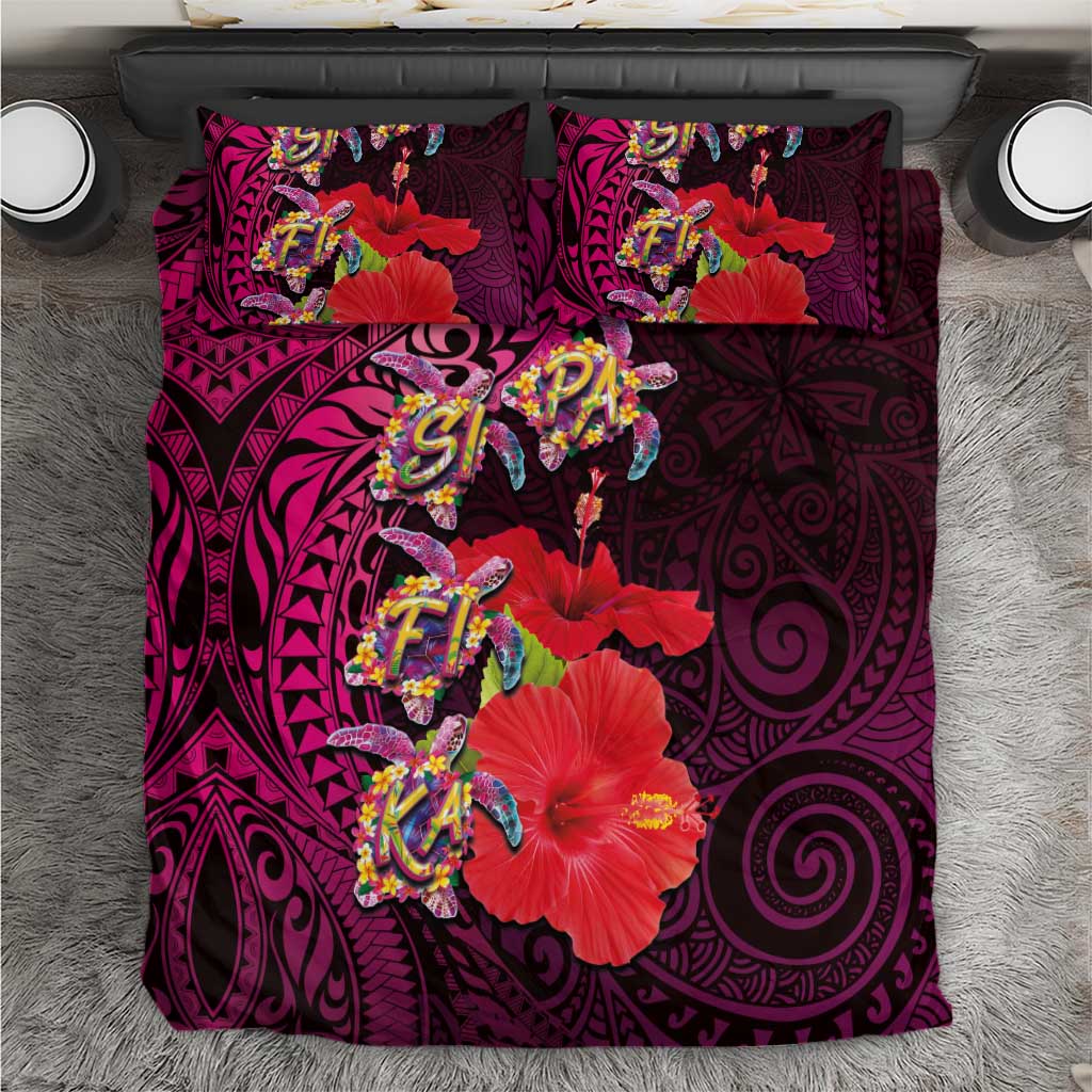 Pasifika Festival Bedding Set Plumeria Turtles with Hibiscus - Polynesian Art Tattoo Pink Color