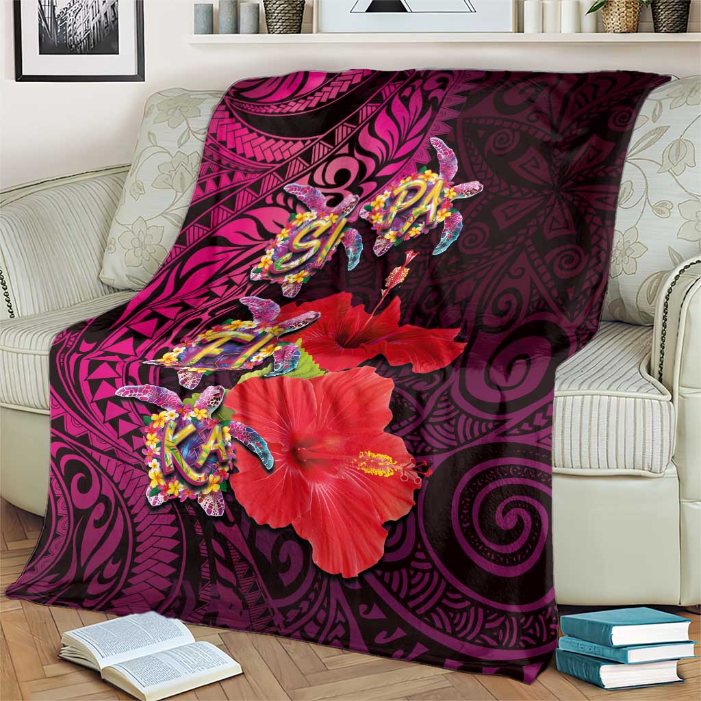 Pasifika Festival Blanket Plumeria Turtles with Hibiscus - Polynesian Art Tattoo Pink Color
