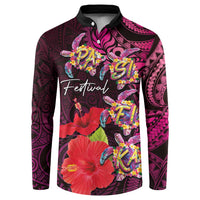Pasifika Festival Button Sweatshirt Plumeria Turtles with Hibiscus - Polynesian Art Tattoo Pink Color