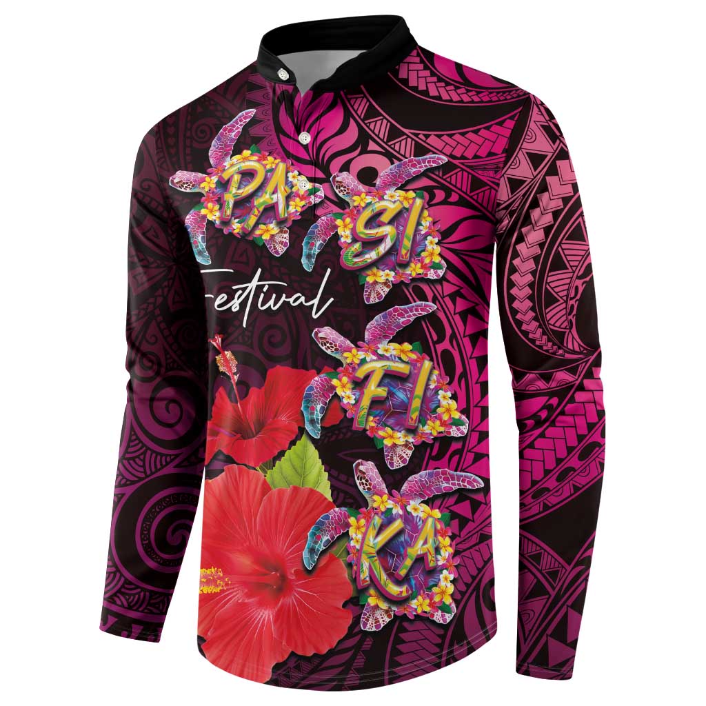 Pasifika Festival Button Sweatshirt Plumeria Turtles with Hibiscus - Polynesian Art Tattoo Pink Color