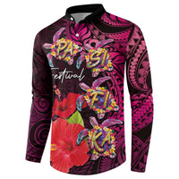 Pasifika Festival Button Sweatshirt Plumeria Turtles with Hibiscus - Polynesian Art Tattoo Pink Color