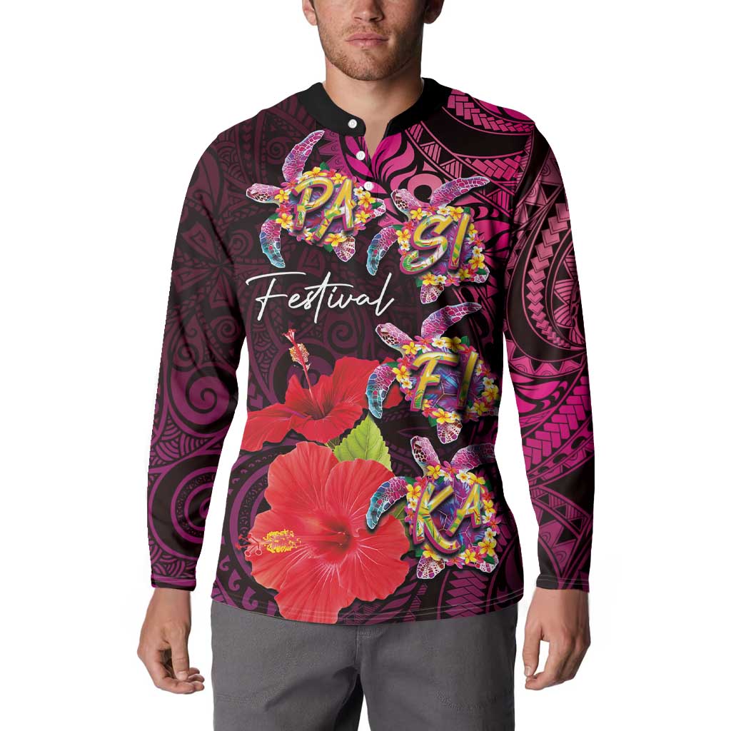 Pasifika Festival Button Sweatshirt Plumeria Turtles with Hibiscus - Polynesian Art Tattoo Pink Color