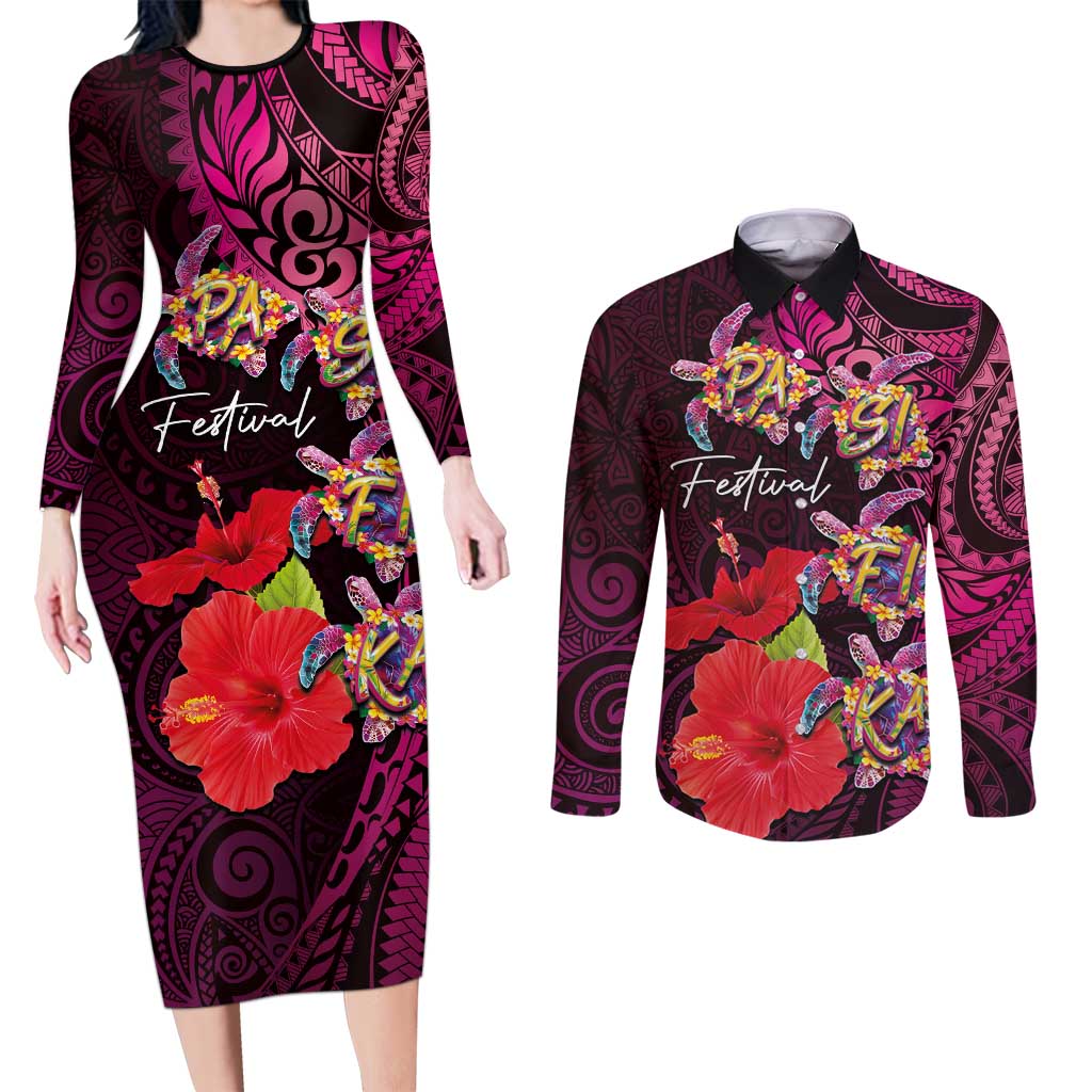 Pasifika Festival Couples Matching Long Sleeve Bodycon Dress and Long Sleeve Button Shirt Plumeria Turtles with Hibiscus - Polynesian Art Tattoo Pink Color