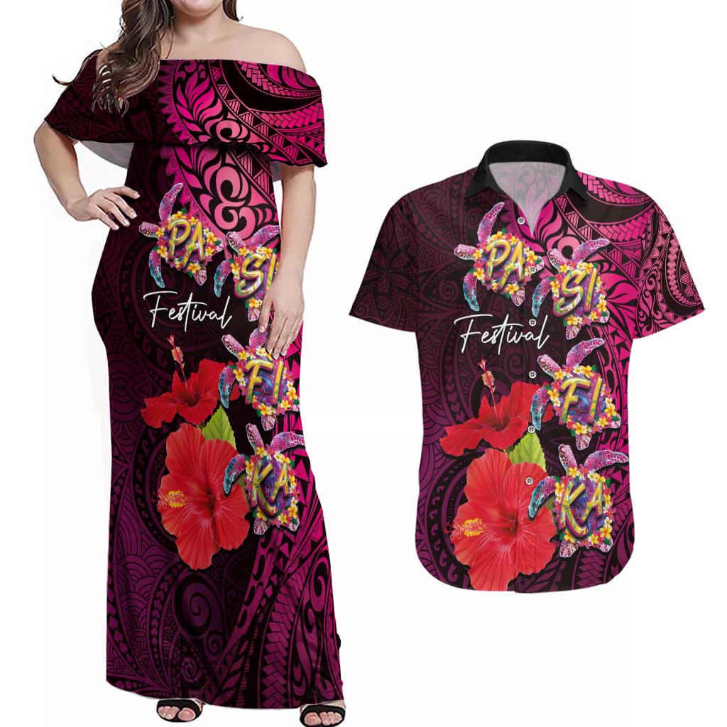 Pasifika Festival Couples Matching Off Shoulder Maxi Dress and Hawaiian Shirt Plumeria Turtles with Hibiscus - Polynesian Art Tattoo Pink Color