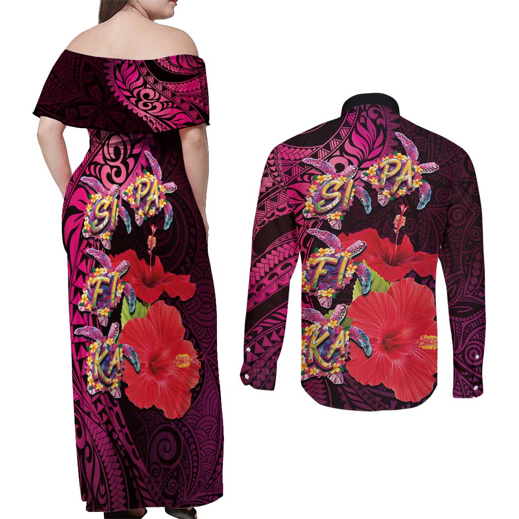 Pasifika Festival Couples Matching Off Shoulder Maxi Dress and Long Sleeve Button Shirt Plumeria Turtles with Hibiscus - Polynesian Art Tattoo Pink Color