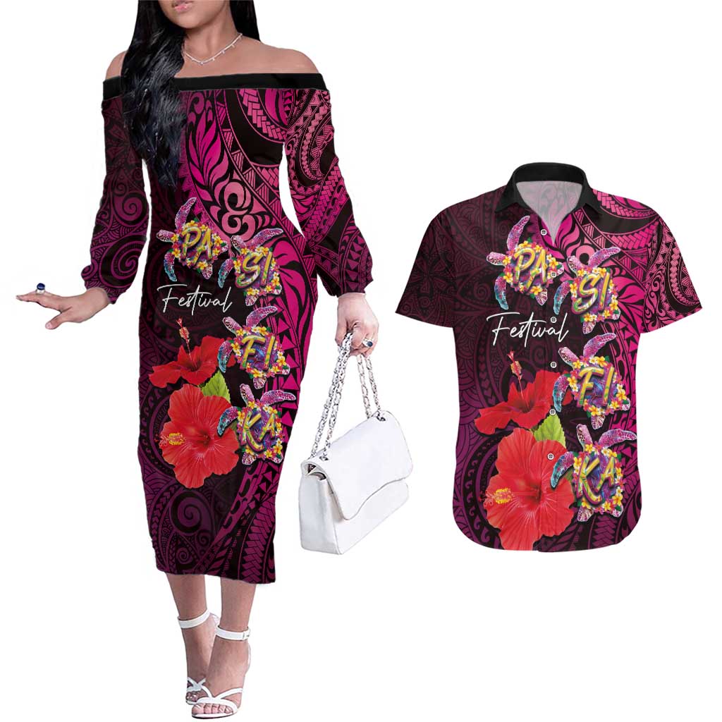 Pasifika Festival Couples Matching Off The Shoulder Long Sleeve Dress and Hawaiian Shirt Plumeria Turtles with Hibiscus - Polynesian Art Tattoo Pink Color