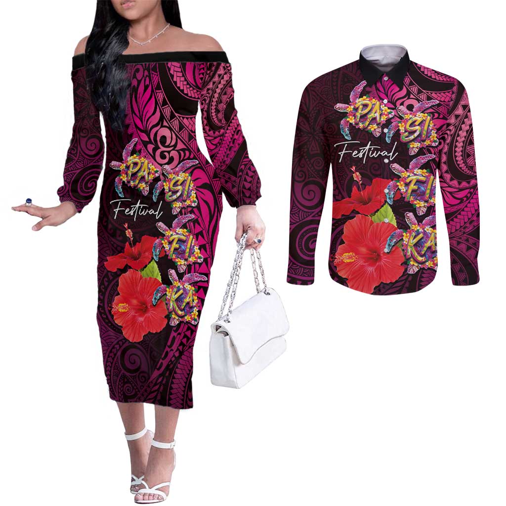 Pasifika Festival Couples Matching Off The Shoulder Long Sleeve Dress and Long Sleeve Button Shirt Plumeria Turtles with Hibiscus - Polynesian Art Tattoo Pink Color