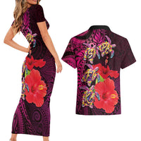 Pasifika Festival Couples Matching Short Sleeve Bodycon Dress and Hawaiian Shirt Plumeria Turtles with Hibiscus - Polynesian Art Tattoo Pink Color