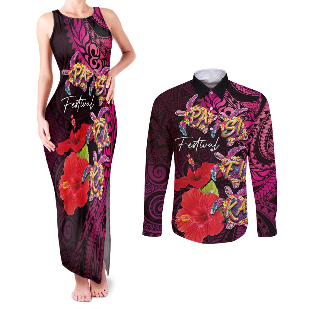 Pasifika Festival Couples Matching Tank Maxi Dress and Long Sleeve Button Shirt Plumeria Turtles with Hibiscus - Polynesian Art Tattoo Pink Color