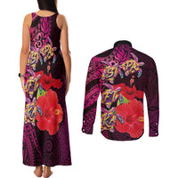 Pasifika Festival Couples Matching Tank Maxi Dress and Long Sleeve Button Shirt Plumeria Turtles with Hibiscus - Polynesian Art Tattoo Pink Color