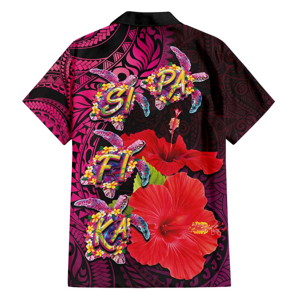 Pasifika Festival Family Matching Off Shoulder Short Dress and Hawaiian Shirt Plumeria Turtles with Hibiscus - Polynesian Art Tattoo Pink Color