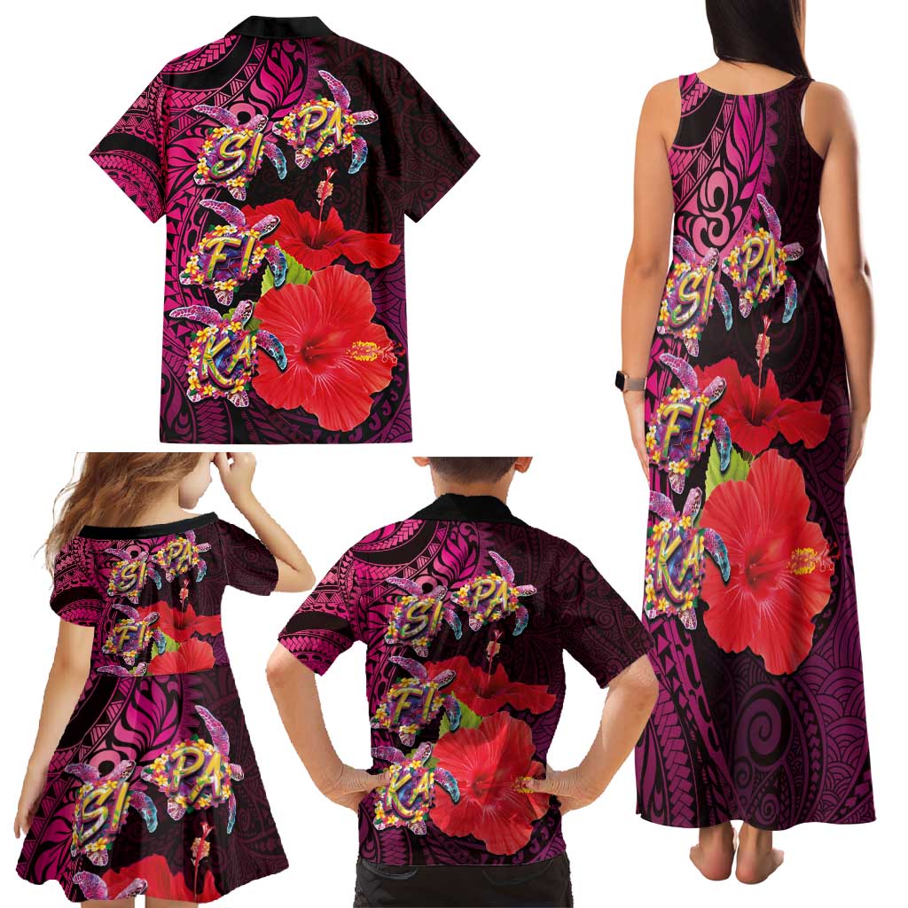 Pasifika Festival Family Matching Tank Maxi Dress and Hawaiian Shirt Plumeria Turtles with Hibiscus - Polynesian Art Tattoo Pink Color