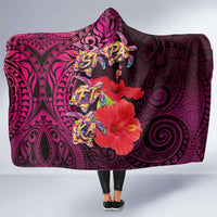 Pasifika Festival Hooded Blanket Plumeria Turtles with Hibiscus - Polynesian Art Tattoo Pink Color
