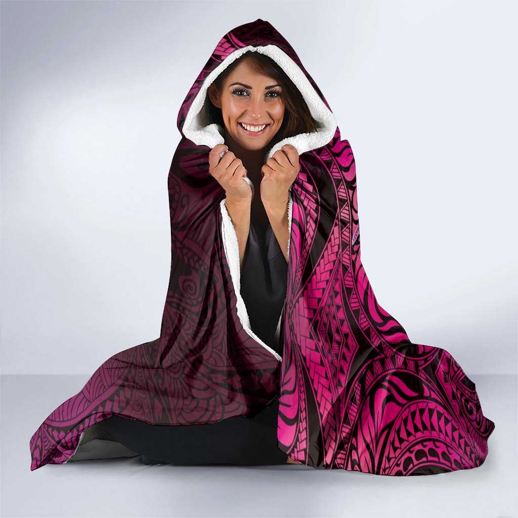 Pasifika Festival Hooded Blanket Plumeria Turtles with Hibiscus - Polynesian Art Tattoo Pink Color