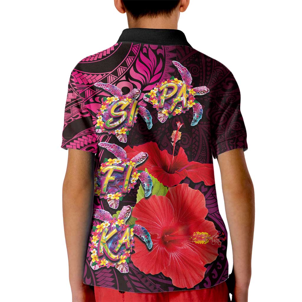 Pasifika Festival Kid Polo Shirt Plumeria Turtles with Hibiscus - Polynesian Art Tattoo Pink Color