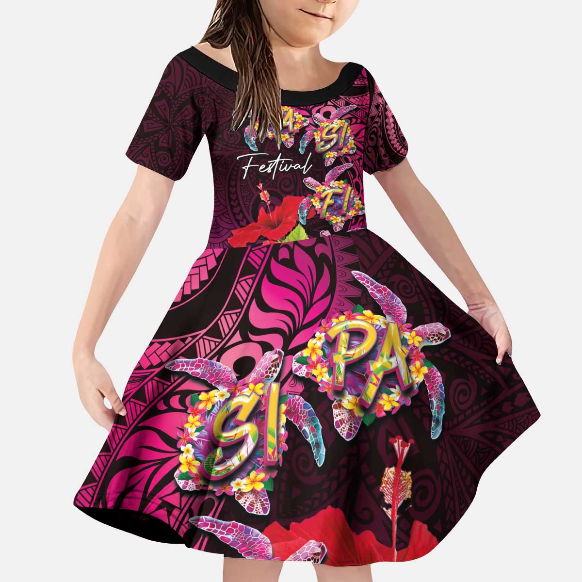 Pasifika Festival Kid Short Sleeve Dress Plumeria Turtles with Hibiscus - Polynesian Art Tattoo Pink Color LT03 KID Pink - Polynesian Pride