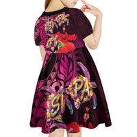 Pasifika Festival Kid Short Sleeve Dress Plumeria Turtles with Hibiscus - Polynesian Art Tattoo Pink Color LT03 - Polynesian Pride