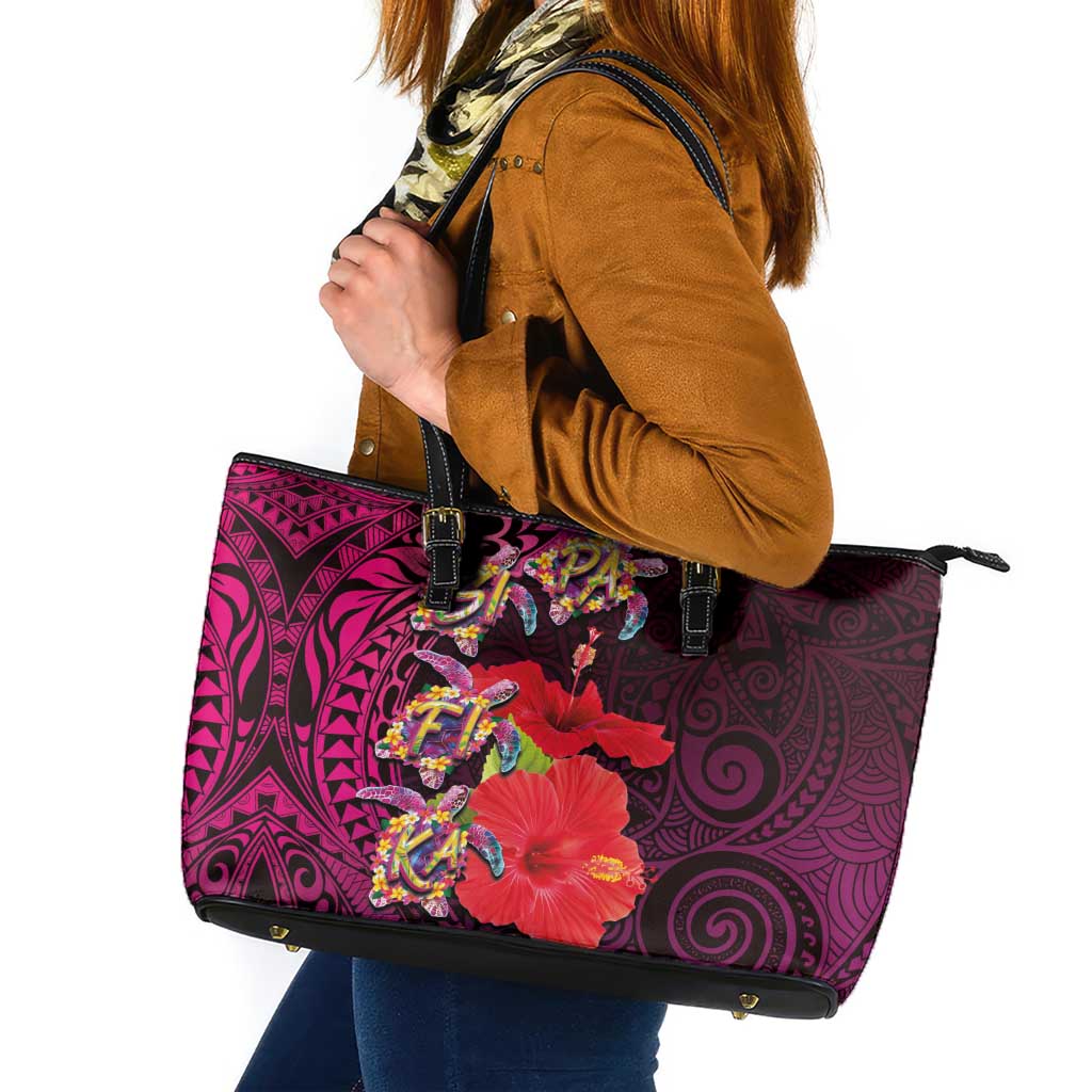 Pasifika Festival Leather Tote Bag Plumeria Turtles with Hibiscus - Polynesian Art Tattoo Pink Color