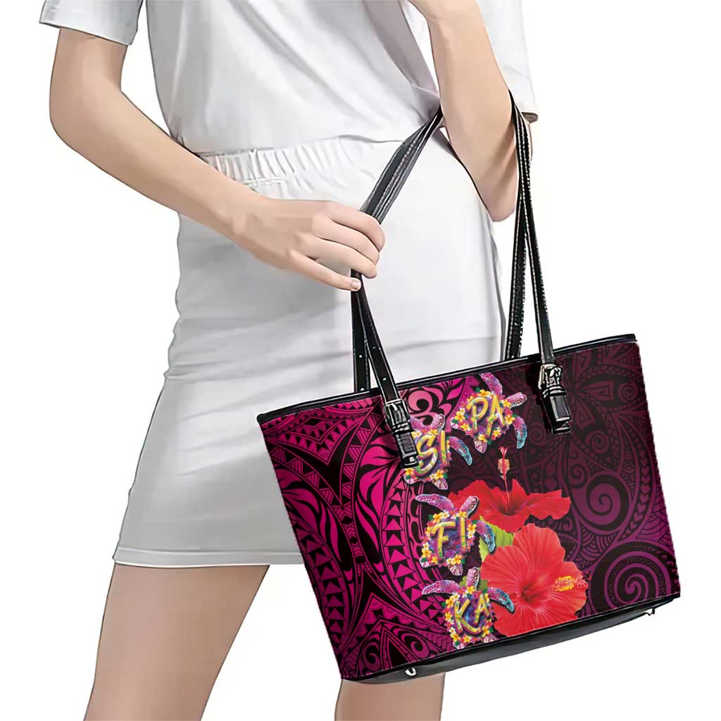 Pasifika Festival Leather Tote Bag Plumeria Turtles with Hibiscus - Polynesian Art Tattoo Pink Color