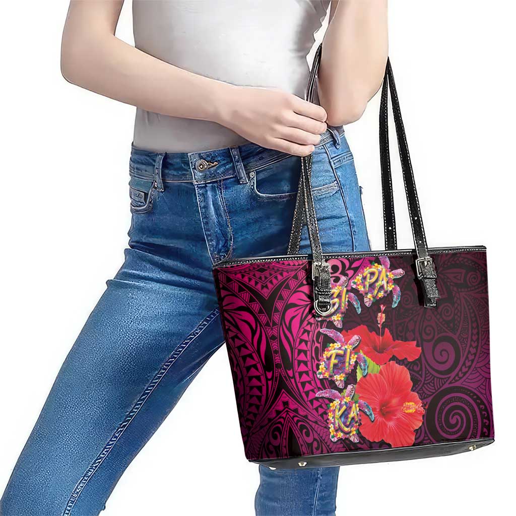 Pasifika Festival Leather Tote Bag Plumeria Turtles with Hibiscus - Polynesian Art Tattoo Pink Color