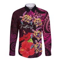 Pasifika Festival Long Sleeve Button Shirt Plumeria Turtles with Hibiscus - Polynesian Art Tattoo Pink Color