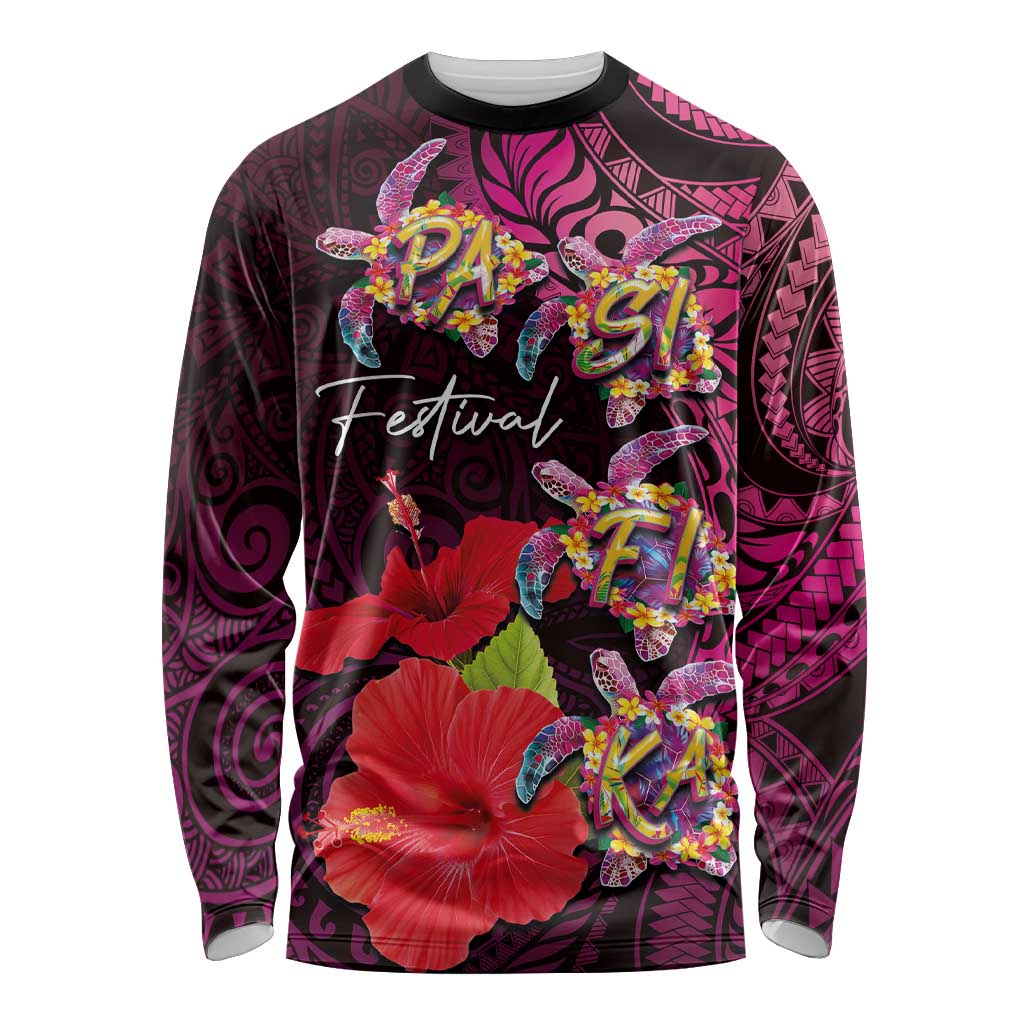 Pasifika Festival Long Sleeve Shirt Plumeria Turtles with Hibiscus - Polynesian Art Tattoo Pink Color