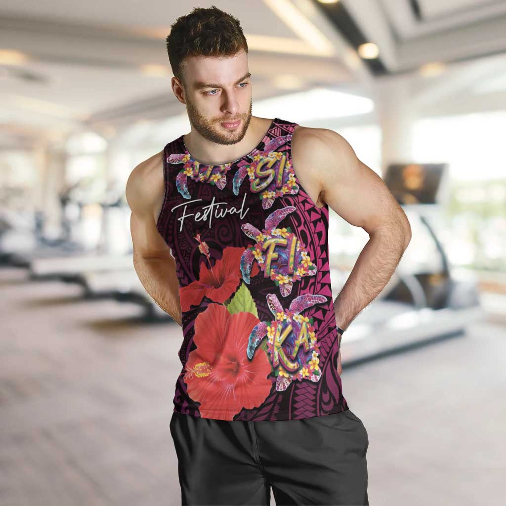 Pasifika Festival Men Tank Top Plumeria Turtles with Hibiscus - Polynesian Art Tattoo Pink Color