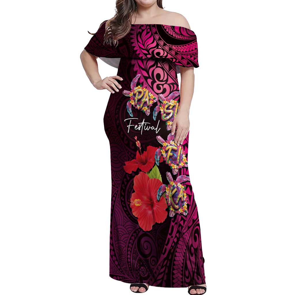 Pasifika Festival Off Shoulder Maxi Dress Plumeria Turtles with Hibiscus - Polynesian Art Tattoo Pink Color