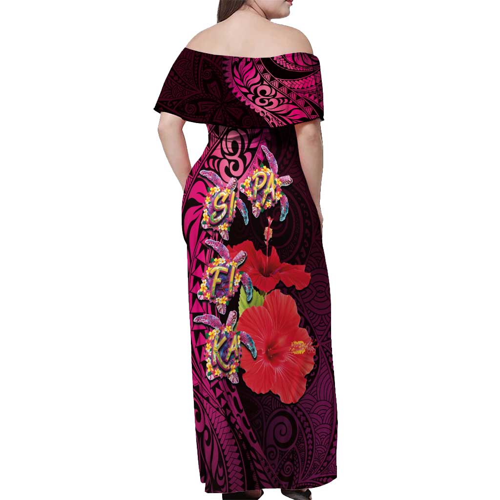 Pasifika Festival Off Shoulder Maxi Dress Plumeria Turtles with Hibiscus - Polynesian Art Tattoo Pink Color LT03 - Polynesian Pride