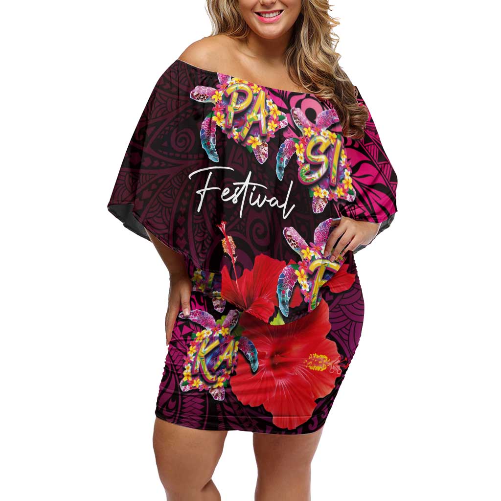 Pasifika Festival Off Shoulder Short Dress Plumeria Turtles with Hibiscus - Polynesian Art Tattoo Pink Color