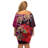 Pasifika Festival Off Shoulder Short Dress Plumeria Turtles with Hibiscus - Polynesian Art Tattoo Pink Color LT03 - Polynesian Pride