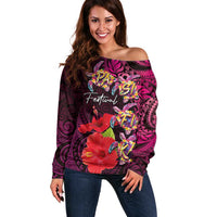 Pasifika Festival Off Shoulder Sweater Plumeria Turtles with Hibiscus - Polynesian Art Tattoo Pink Color