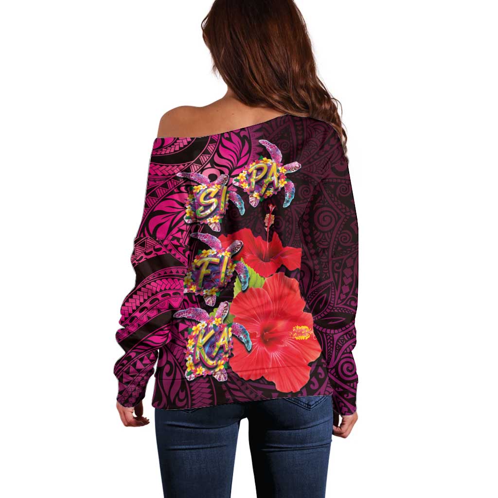Pasifika Festival Off Shoulder Sweater Plumeria Turtles with Hibiscus - Polynesian Art Tattoo Pink Color