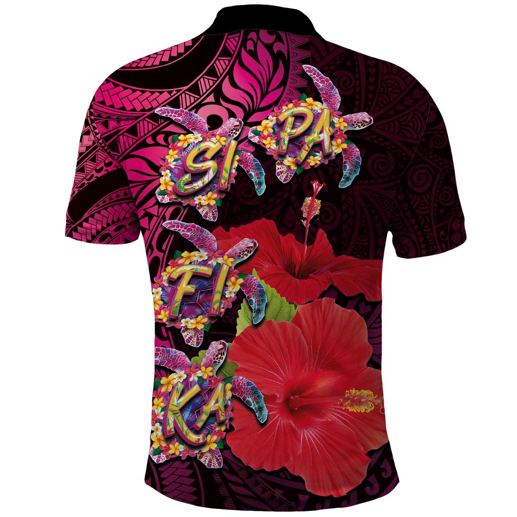 Pasifika Festival Polo Shirt Plumeria Turtles with Hibiscus - Polynesian Art Tattoo Pink Color