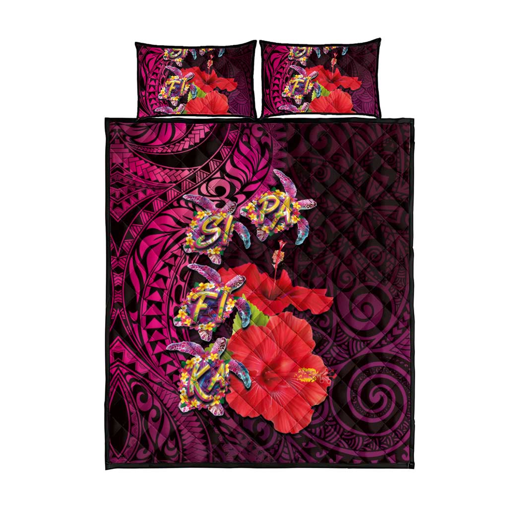 Pasifika Festival Quilt Bed Set Plumeria Turtles with Hibiscus - Polynesian Art Tattoo Pink Color LT03 - Polynesian Pride